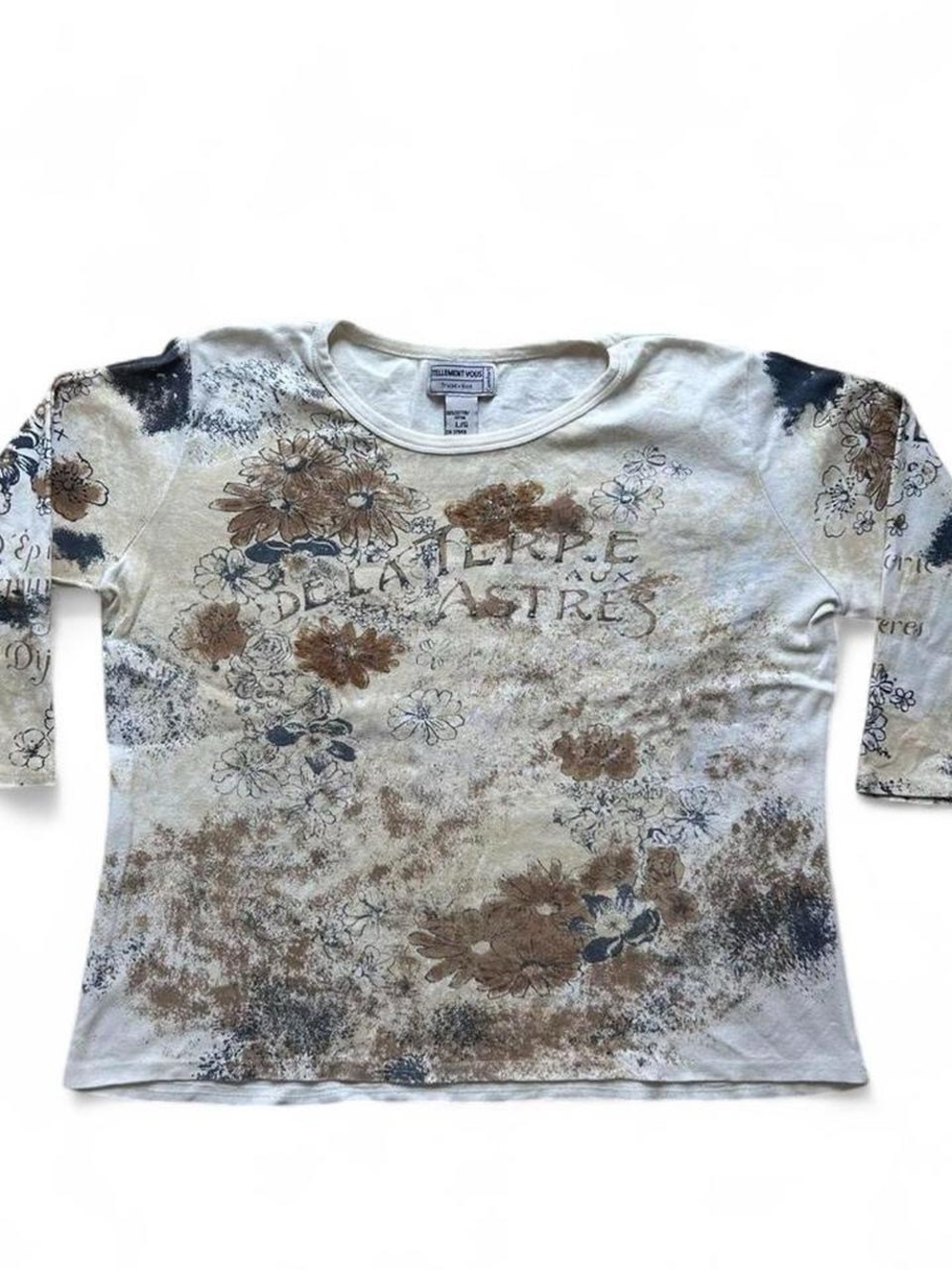 Y2K Cotton Floral Graphic Long Sleeve Shirt - Cream & Brown